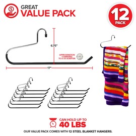 Stainless Steel Quilt Hangers (12 Pack) - Vinyl Non-Slip Coating - Holds Up to 40 Lbs - Heavy Duty for Closet Storage, Comforters, Bedding, Towels, Rugs