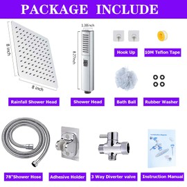 8"High Pressure Square Rain Shower Head and 2-in-1 Hand Shower.Equipped with 78"Hose, 3 Way Diverter Valve,Adhesive Shower Head Holder.(AWAXFOLO Square Shower Head Set chrome)