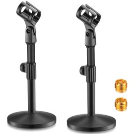 Hoteam 2 Pcs Desktop Microphone Stand Adjustable Table Mic Stand Mic Clip Mic Stand Desk with 5/8" Male to 3/8" Female Screw Metal Round Base for Table Desk Interviews, Black