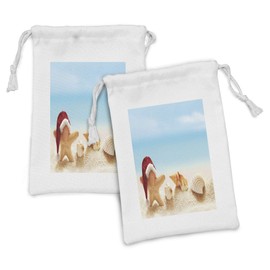 Ambesonne Santa Fabric Pouch Set of 2, Starfish in Santa Hat on an Exotic Sandy Summer Beach with Sea Shells, Small Drawstring Bag for Toiletries Masks and Favors, 9" x 6", Pale Blue Sand Brown Red