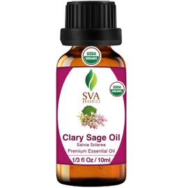 SVA Clary Sage Essential Oil Organic – 1/3 Fl Oz – 100% Natural Organic Clary Sage Oil - for Diffuser, Hair Care, Face, Skin Care, Aromatherapy, Scalp and Body Massage, Soap and Candle Making