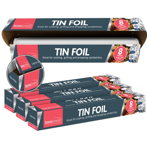 4pk Tin Foil Roll | 32M Aluminium Kitchen Foil Roll 8M x 29cm| Non-Stick Aluminium Foil for Wrapping, Grilling & BBQ | Tinfoil Roll Dispenser & Cutter | Silver Foil Kitchen Cooking Foil + SOL Sticker