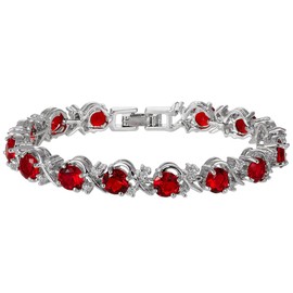 RIZILIA BLOSSOM Round Simulated Red Ruby and White Cubic Zirconia 18K White Gold Plated Tennis Bracelet, 7"