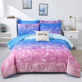 kiddiku Rainbow Glitter Comforter Set Full/Queen Size for Girls, Sparkle Galaxy Twinkle StarlightTeen,3pc Aqua Blue Purple Pink Ombre Pastel Bedding with 2 Pillow Cases(Rainbow,Queen), Queen(3-Piece)