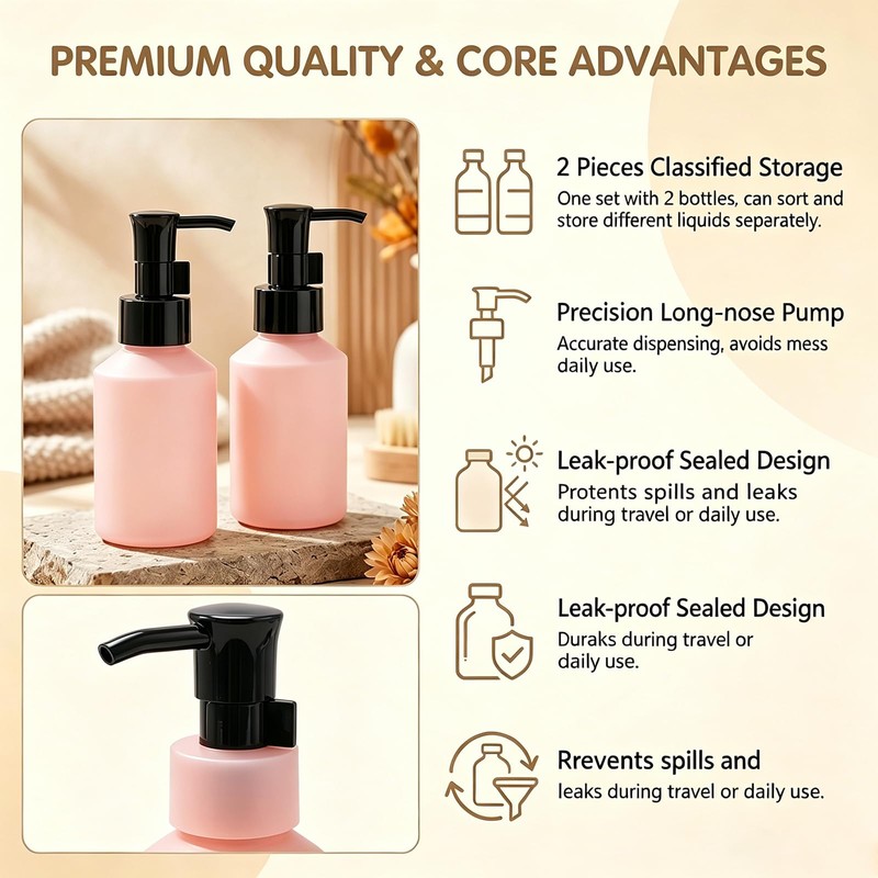 2 Pack 2oz Empty Matt Pink Glass Pump Bottles, Refillable