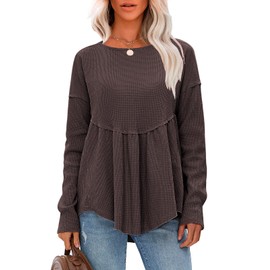 EXLURA Waffle Knit Long Sleeve Shirts For Womens Crewneck Loose Babydoll Tunic Tops Maternity Tops Fall Fashion 2024 Clothes Dark Brown