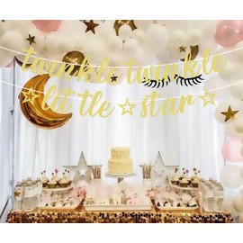 Pre-Strung Twinkle Twinkle Little Star Banner - Gold Glitter Star Theme Baby Shower Decorations for Boy or Girl, Perfect for Gender Reveal Party/Baby Birthday Party/Baby Shower, Photo Booth Props