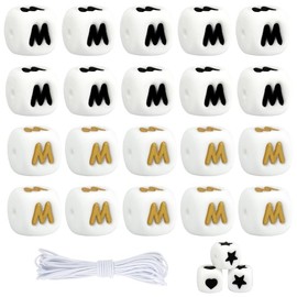 35pcs Silicone Letter Beads M Box, 12mm Black/Gold Square Letter Beads for Keychain, Bracelets, Heart Star Pattern with Elastic Strings