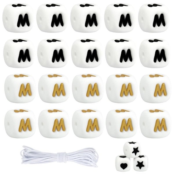 35pcs Silicone Letter Beads M Box, 12mm Black/Gold Square Letter