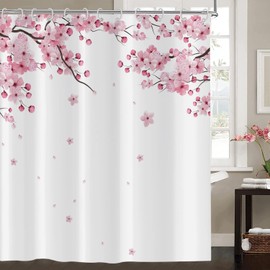 Hnmdmyi Shower Curtain, Cherry Blossoms, 180 x 200 cm, Pink Flowers Shower Curtains, Japanese Asian Style, Sakura Art Bath Curtain, Waterproof, Polyester Fabric, Washable Bath Curtain for Bathroom