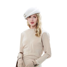 F FADVES Vintage Wool Felt Cloche Bucket Bowler Hat Women Church Wedding Fascinator Formal Dress Hat Winter Fedoras White