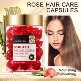 30PCS Hair Serum Oil Capsules, Moisturizing Hair Serum for Frizzy, Dry and Damaged Hair, Smooth, Non-greasy, Refreshing Long Lasting Nourishing Hair Oil for Women（Rose）