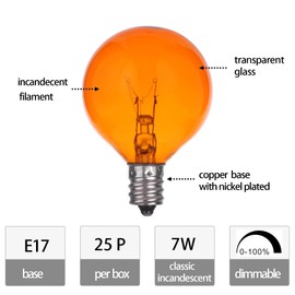 NIOSTA 25 Pack Replacement Orange Color Globe Light Bulbs, G50 Incandescent Light Bulbs for Outdoor Patio String Lights, E17/C9 Intermedia Base, 7 Watts,