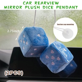 Dickno 2 PCS Fuzzy Plush Dice for Car Mirror, 3" Soft Retro Square Heart-Shape Rearview Mirror Ornament, Universal Interior Hanging Dice Decor Accessories for Women (Blue)