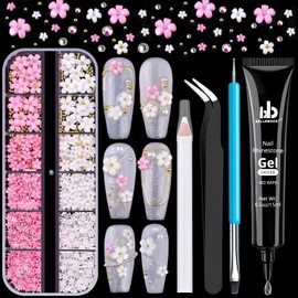 3D Flowers Manicure Gems with Nail Rhinestone Glue Gel, White Pink Acrylic Flower Nail Charms with Caviar Beads, Rhinestones for Nails with Gem Glue for Nails (UV/LED Needed) with Dotting Tools