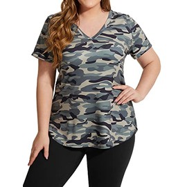 FOREYOND Plus Size Workout Tops for Women T Shirts Loose Fit V Neck Clothing Yoga Casual SummerTie Dye Military Green 1X
