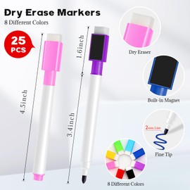 KINYFY 25 PCS Colorful Magnetic Dry Erase Markers, Whiteboard Mini Dry Erase Markers Bulk, Fine Tip Whiteboard Markers with Eraser Cap for Dry-Erase Boards, School, Office and Home