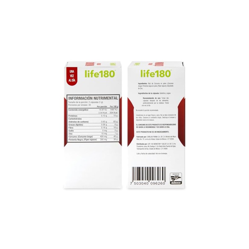 Life180 Cápsulas Cúrcuma Pimienta Negra y Zinc
