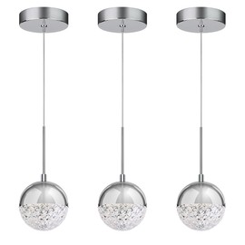 Xbuyee Pendant Lights Kitchen Island Chrome, Height Adjustable Modern LED Pendant Lighting, Crystal Globe Chandelier for Dining Room, 8W, 3000K/4000K/5000K Selectable, Dimmable, ETL 3-Pack