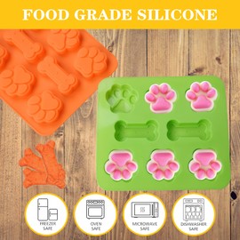 SAGOOITS 2 Pack Puppy Dog Paw and Bone Shaped 2 in 1 Silicone Molds, Reusable Non-Stick Ice Cube Trays & Candy Chocolate Molds for Homemade Dog Treats, Pudding & Baking Biscuit (Green Orange)