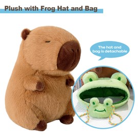 Ditucu Capybara Plush with Frog Hat & Mini Bag 9.8 inch Cute Capibara Stuffed Animal Soft Plushies Toys Gifts for Kids Adults Brown