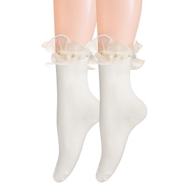 CAT KO 2 Pairs Women Ankle Socks Lace Ruffle Frilly Pearl Soft Cotton Princess Girls socks for Lolita (US, Alpha, One Size, Regular, Regular, 2 Pairs-Off White)