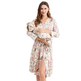 Galabloomer Maternity Robe and Baby Receiving Blanket, Matching Mommy Labor Delivery Robe and Swaddle Set