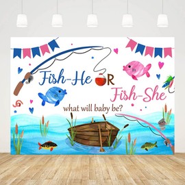 AIBIIN 7x5ft Fishing Gender Reveal Backdrop Fish He Or Fish She What Will Baby Be Photography Background Gone Fishing Blue Pink Boy or Girl Gender Reveal Party Decorations Banner Photo Studio Props