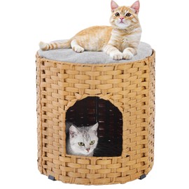 SETVSON Cat House for Indoor Cats, Large Double Cat Houses Cat Bed Cave, Handwoven Rattan Pet Beds with Double-Sided Soft Pad, 17 x 17 x 17 Inches Foldable Kitten Hideaway in Living Room Natural