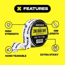 6 Rolls SPORTTAPE Boxing Tape - 1.25cm x 13m - Hand Wrapping Tape for Gloves, Knuckles, Fingers, Wrist & Hand | Zinc Oxide Strapping Tape | Physio Tape for Sports Injury | Non-Stretch Athletic Tape