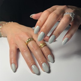 Light Grey Press on Nails Short Nails Press ons Almond Fake Nails RIICFDD Oval Round False Nails Solid Color Designs Glossy Glue on Nails Full Cover Stick on Nails for Women Acrylic Nails 24 Pcs