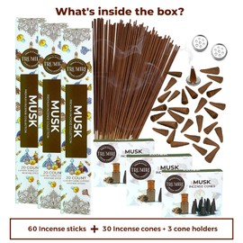 Musk Incense Sticks & Incense Cones Combo Pack - 60 Insence-Sticks + 30 Insence Cones - Inscense - Incense Cones Scented - Insents