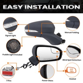 Passenger Side Mirror Compatible with Ford Fusion 2013-2016 Sedan S SE SE Hybrid, Power, Heated, with Turn Signal, Puddle Light, Blind Spot, Manual Folding, Replace DS7Z17682BA (Right Gray Unpainted)