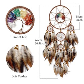RAGKUU Brown Large Dream Catcher Wall Decor Crystal Tree of Life Dream Catchers Handmade Feather Dreamcatcher Wall Hanging Ornament for Bedroom Living Room Home Decor