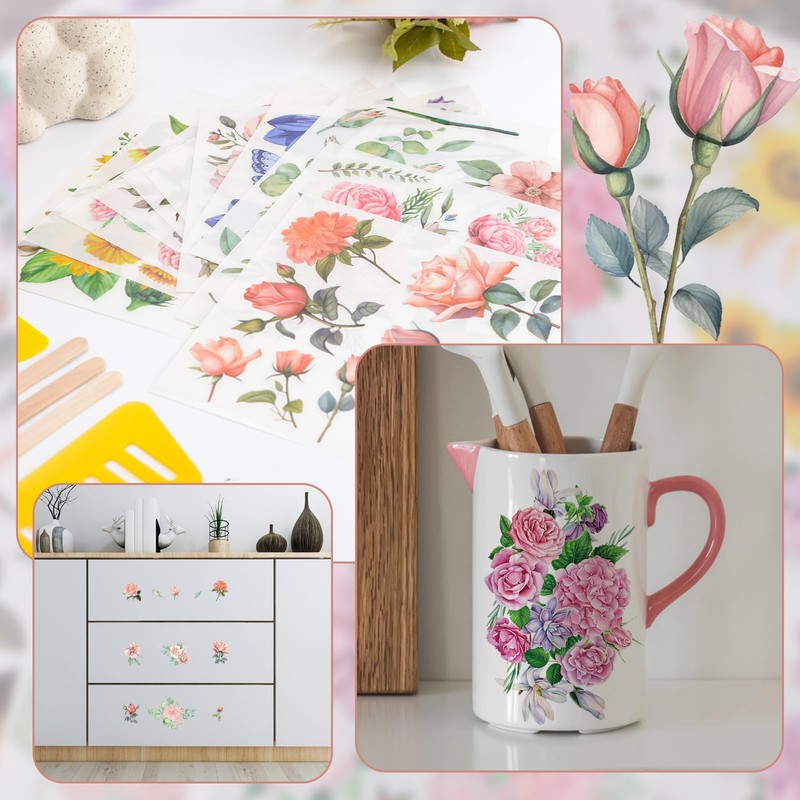 WANDIC 12 Sheets Rub On Transfer Stickers Flower Waterproof Decals