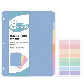 SKYDUE Durable Plastic 8-Tab Dividers, Big Tab Dividers for 3 Ring Binder, Write&Erase 3 Ring Binder Dividers with Tabs,with Sticker Labels, 1 Set, Pastel Color