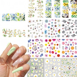 12 Sheets Daisy Nail Art Stickers Decals,Daisy Water Transfer Summer Nail Supplies Little Daisies Flower Nail Designs Stickers Colorful Floral Manicure DIY Decorations for Women Nail Accessories