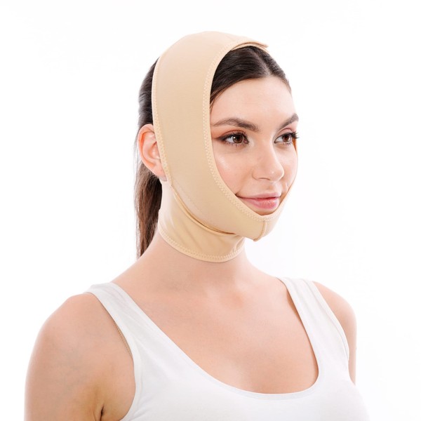 Post Surgery Facial Compression Neck Coverage Chin Strap, V-Shaped Face Slimmer, Jowl Tightening Chin Lifting Double Chin Reducer Band (M/L, Beige)