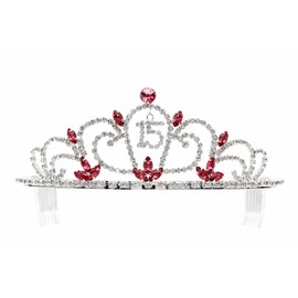 Pink 15th Birthday Party Quinceanera Rhinestone Tiara Crown - Silver Plated Pink Crystal T1190_