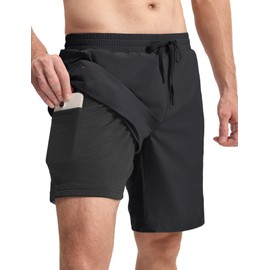 BGOWATU 2 in 1 Men's Swim Trunks Board Shorts with Compression Liner Quick Dry Swimming Bathing Suit 9" Beach Shorts Dark Gray L