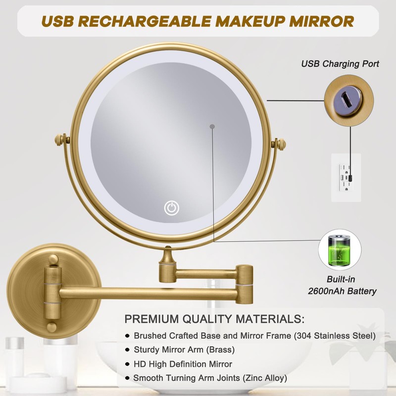 Wall Mounted Lighted Makeup Mirror, 10X Magnifying, Brushed Antique Brass