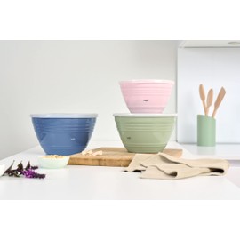 Emsa K325S3 Prep&Bake Set of 3 Plastic Mixing Bowls | 1.7 + 2.75 + 4.15 L | with Preserving Lid | Non-Slip Base | Perfect Stability When Mixing | Dishwasher Safe | Pink/Green/Blue