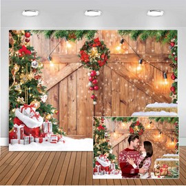 CHAIYA 7x5ft Christmas Backdrop Barn Wood Door Photography Backdrop Xmas Tree Snow Background Winter Xmas Party Supplies Christmas Family Kids Party Banner