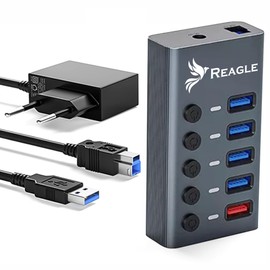 Reagle Active USB-A 3.2 Gen 1 Hub - 5-in-1 USB Hub with 4 Data Ports, 1 Charging Port (2.4A), Single Switch, LED Display, 5Gbps Transmission, Plug & Play, Includes 12 V Power Supply, Aluminium Housing