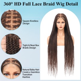 Olymei 360° Hd Full Lace Braided Wigs for Women Box Braid Wig Square Knotless Braided Wigs with Baby Hair Human Hair Blended Long Brown Braided Lace Front Wigs 36"