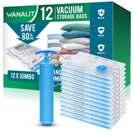 12Pack Jumbo Vacuum Storage Bags, New Air Valve Space Saver Vacuum Seal Bags, Space Bags, Vacuum Sealer Bags for Clothes, Comforters, Blankets, Bedding, Hand Pump Included, Two Vacuum Ways
