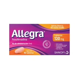 Allegra Antihistamínico para Alergias Leves a Moderadas 10 tabletas x 120 mg. Controla el Escurrimiento Nasal, Estornudos y Urticaria a partir de 30 Min. Para Adultos y Niños Mayores a 12 Años