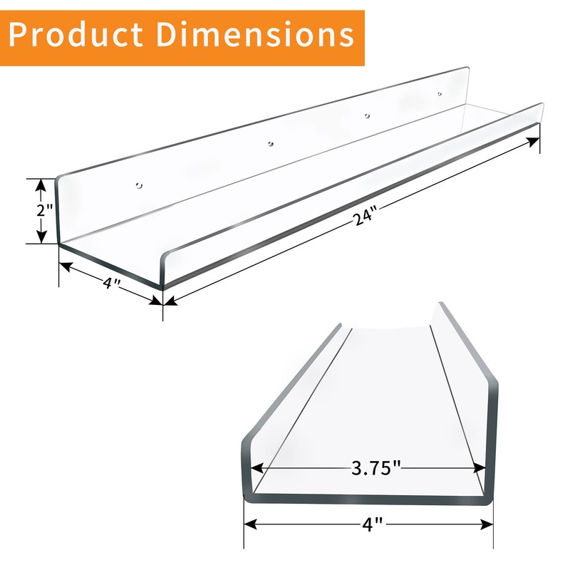 Febwind 24-Inch Long Clear Acrylic Floating Shelves Wall Ledge Invisible