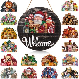 Yousoontic 17 Pcs 12 Inch Magnetic Welcome Door Sign for Interchangeable Front Door Decorations Christmas Winter Thanksgiving Seasonal and Festive Door Signs for Home Round Decor(Stylish Color)