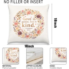 Xolytar Floral Bible Verse Throw Pillow Cover, Ideal for Cozy Rooms. Features “Love is Patient, Love is Kind” from 1 Corinthians 13:4 with Soft Floral Wreath. 18×18 inches, Perfect Uplifting Gift.